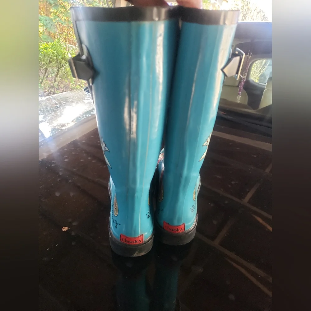 chooka Blue Graphic Rain Boots with Red Accents and White Doves